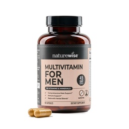 Naturewise Multivitamin for Men - Daily Male Support - Mineral & Herbs for Energy, Performance, Imunity - with Vitamin A, C, D, B-Complex - Soy & Gluten- Free, Non-GMO - 90 Capsules [45- Day Supply]