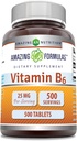 Amazing Formulas Vitamin B6 (Pyridoxine) 25 Mg Suplemen 124; Tablet 12.4; Non- GMO 124; Gluten- Free 124; Dibuat di USA (1 Pack 124; 500 Count)