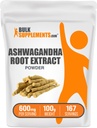 Suplemen BulkSuplemen .com Ashwagandha Root Extract Powder - Ashwagandha Suplemen, Herbal Suplemen - Vegan & Gluten Bebas, 600mg per Serving, 100g (3.5 oz) (Paket 1)