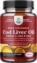 Icelandic Cod Liver Oil Softgeels - Wild Caught EPA DHA Omega 3 Fish Oil 10000mg per serving - Deadminated Wealless Fish Oil Suplemen dengan Vitamin D3 & A untuk Heart Joint Brain & Imune Support