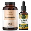 HERBAMAMA Ashwagandha dan Turmeric Ginger Kit - Bundle dari 1500 mg Ashwaganda Root Capsules & Turmeric Ginger Tincture 2 - Vegan, Non-GMO, Sugar & Alcohol- Free - 2 Pack