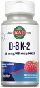 KAL Vitamin D3 K2 ActivMelt, Bone Health, Heart and Imune Supplement w / D3 1000 IU dan MK7 Vitamin K2, Instant Dissolve Tab, Raspberry Flavor Natural, 60 Servings, 60 Micro Tablet