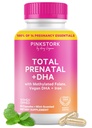 Pink Stork Total Prenatal Vitamin with DHA, Folate, Iron, Choline, and Vitamin B12 - Preception Nutrition - Prenatals for Women, Pregnancy Essentials - Mint Essence, 60 Capsules, 1 Month Suppply