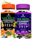 Irish Sea Moss and Black Seed Oil Gummies Bundle - 120 Vegan Gummies Bears - Elderberry for Kids & Dewas - Nigella Sativa dengan Ashwagandha & Honey