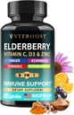 Elderberry Immune Supplemen 8-in- 1 Formula dengan Echinacea, Vitamin C & Zinc, Vitamin D 5000 IU, Turmeric, Ginger, Ashwagandha - 60 Capsules