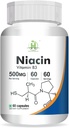 Niasin Generik (Vitamin B3) 500mg Tingkat Energi: 124; Skin Kesehatan -60 Vegetarian Capsules -Pack 1