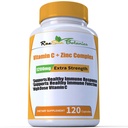 Dose Ekstra Tinggi Kekuatan 1200 mg Vitamin C + Zinc Kompleks untuk Hamiune Dukungan Kesehatan 120 Capsule 2 Bulan Pasokan Veggie Capsule Non- GMO Gluten Free Vegan