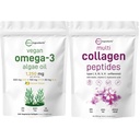 Micro Ingrediens Multi Collagen Protein Powder 16oz & Vegan Omega 3 Algae Oil Bundle 2 Pack 124; Grass-Feed Collagen Peptides 124; Omega-3 Full Spectrum Alternative untuk Fish Oil