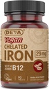 Deva Nutrition Vegan Chelated Iron 29 mg Dibentuk dengan B-12 - Potensi Tinggi, Mudah ditelan - 90 Tablet, 1 - Pack