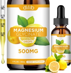 Magnesium Glycinate Suplement, Magnesium Glycinate Liquid Drops 500mg with Calcium, Zinc, Vitamin B6, D3, L- Theanine, Omega 3 for Sleep, Mood, Stress Relief, Bone, Muscle, Lemon Flavor