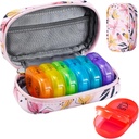 Serfeymi Weekly Travel Pill Organizer 2 Times A Day AM PM Upgraded Rainbow Pill Box 7 Day with Portable Zipper PU Leather Pill Case, Medicine Organizer for Pills, Vitamin, Fish Oils - Pink 03