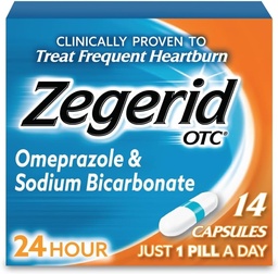 Zegerid OTC 24- Hour Heartburn Relief, The Only Proton Pump Inhibitor with Omeprazole 20mg + Sodium Bicarbonate, Treats Freedburn, 14ct Capsules