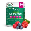 Zena Nutrition Organic Super Greens Powder, 70 + Superfood, 0 Sugar, 3G Fiber, Spirulina, Chlorella, Antioksidants, Preotic / Progories, Digetical Enzymes, Mixed Berry, 30 Servings