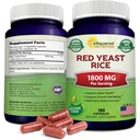 Nutrition Red Yeast Rice 1800mg - Dietary Supplement Vegan Powder Pil untuk mendukung Kesehatan Kardiovaskular - 180 Veggie Capsules