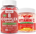 2 Pack Vitamin B Kompleks Gummies dengan 2000 mcg Metil B12, Metyl Folate + 1 Pack Whole Food Vitamin C Gummies