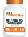 Appliments.com BulkSuplemst.com Vitamin B5 Capsules - sebagai Acid Pantothenic, B Vitamin Suplemen, Acid Panothenic 500 mg - Gluten Bebas, 1 Capsule per Serving, 240 Capsules (Paket 1)
