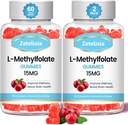 2 Paket L-Methylfolat 15mg & Metil B12 Gummies, Tambahan Pembangunan Kesehatan Otak, Mood & Imunitas, Synthete DNA & Repair, Gula Bebas, Vegan, Cranberry Flavor, 120 Count