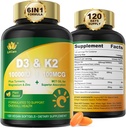 Vitamin D3 100000 IU plus K2 (MK-7) 100mcg, Vegan Vitamin D3 K2 dengan Turmeric, Magnesium & Zinc untuk absorpsi Kalsium, Bone & Imune Kesehatan, Koconut Oil untuk Absorpsi Tinggi, mudah ditelan, 120 Cts