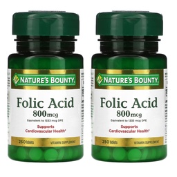 Nature 's Bounty Folic Acid 800 mcg Vitamin Suplemen Maksimum - 250 Tablet, Paket 2
