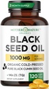 Black Seed Oil Capsules 1000mg, Organic Cold Pressed Black Cumin, High TQ, Imune & Joint Support, 120 Count (2 Pasokan Bulan)