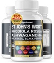 St. John 's Welt Rhodiola Rosea Ashwagandha Holy Basil Valerian Chamomile Black Pepper -150 Capsules- Dibuat di USA
