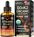 Vitamin D3 K2 USDA Organik Drops - Vitamin D3 10000 IU & K2 sebagai MK-7 120mcg - Imune & Mood Dukungan, Bone & Teeth Kesehatan - Sugar- Free Orange Flavor - Liquid Suplemen - Dibuat di AS - 2 FL OZ, 60 Hari