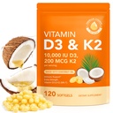 Vitamin D3 K2 dengan Coconut Oil - Vegan Vitamin D3 & Mk7 Vitamin K2for Bone & Imune Dukungan - Non-GMO, Soy Free - 120 Softgels