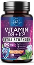 Vitamin D dengan K2 (MK-7) - Vitamin D3 5000IU (125mcg) Per Serving - Kompleks D3K2 untuk Bone, Teeth, Muscle, Calcium Absorpsi, Dukungan Imune & Heart Health - Botol di AS - 240 Softgel