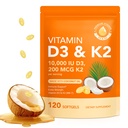 Vitamin D3 K2 100000 IU dengan 200mg, Vitamin D3 dan K2 Capsules, 2 dalam 1 Vitamin D & K Kompleks dengan Virgin Coconut Oil, 120 Softgels, Mudah untuk Swallow & Nor-GMO