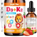 Anak-anak Vitamin D3 K2 K2 D3 Tambahan 1000 IU dengan Omega 3, Dukung Bone, Mood, Teeth & Imune - Vitamin D3 K2 (MK-7) Cair untuk Dewasa & Anak-anak, Sugar Free Strawberry Flavor 2 FL OZ