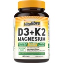 Vitalibral D3 K2 + Magnesium Suplemen, 10.000 IU Vitamin D3 & 100 mcg K2, dengan Magnesium Glycinate, Bone, Teeth, Imune & Energy Dukungan, Absorpsi Tinggi, NON-GMO, Mudah ditelan, 60 Softgels