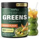 Total Tea Super Greens Powder Supplement, Hijau, Buah, Sayuran, Vegan Minum dengan Spirulina, Chlorella dan Vitamin 25 Pelayan-Mango