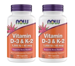 Now Supplements Vitamin D3 K2, 1,000 IU/45 mcg, Cardiovascular Support, Supports Bone Health, 180 Vegetarian Capsules - Vegan, Gluten Free, Kosher Vitamin D3 and K2 Supplements (2)