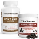 Jamur Real Mane Lion untuk Manusia (120ct) & Mushroom Pet Relax Chews (60 Chews) - Bundle for Cognition & Relaxation - Vegan, Non-GMO, Gluten- Free, Grain- Free Mushroom Extraction Suplemen