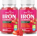 2 Pack Vegan Iron Gummies untuk Orang dewasa & Anak-anak - dengan Vitamin C, A, B- Complex, Membusuk, Zinc, dan Biotin - untuk Pembangunan Darah & Energi Dukungan, 120 Gummies
