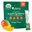 Zena Nutrition Organic Super Greens Powder, 70 + Superfood, 0 Sugar, 3G Fiber, Spirulina, Chlorella, Mushrooms, Pregories / Progrency, Digetical Enzimes for Gut Health, Mango, 30 Drink Mix Packets