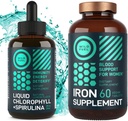 WILD FUEL Iron Tablet for Women with Folic Acid and Liquid Chlorophyll with Spirulina Women Health and Detox Bundle