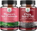 Bundle of Extra Strength Saw Palmetto for Women and Chia Seed Oil Extract Capsules - Stronger Thicker Faster Growth Vitamin - Plant Based Omega 3 6 9 Supplemen dan Daily Fiber Capsules