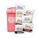 TransformHQ Meal Pengganti Variety Box Shake With Pink Shake Shaker, 7 Single- Serving Shake Packs