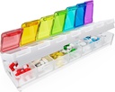 Fullicon Weekly Pill Organizer 7 Day Fill & Spill Bukti Design Large Pil Box dengan Free Label Travel Organizer for Medicine, Vitamin, Fish Oil, Supplemen (Rainbow Clear)