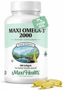 Maxi Health Omega 3 Fish Oil 2000mg - Fish Oil Omega 3 Suplemen dengan No Fishy Aftertaste - Triple Strength EPA DHA - Kosher Omega3 Suppport untuk Bantuan Bantuan Overall Wellness (100 Softgels)