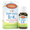 Carlson - Kid 's Super Daily D3 + K2, 25 mcg (1.000 IU) D3 & 22,5 mcg K2, Vitamin D Drops dengan Vitamin K2, Liquid Vitamin, 1000 IU Vitamin D3, Heart & Bone Health, Persediaan 1 Tahun, 360 Drops