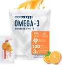 Coromega Omega 3 Fish Oil Suplement, 650mg Omega- 3 s dengan 3X Better Absorpsi Daripada Softgels, Orange Flavor, 120 Single Serve Squeze Packets