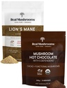 Jamur Real Chocolate Mix Panas (15 Pelayan) dan Mane Singa (60 Serbuk Bundle - Mushroom Powder untuk Imunity Harian & Dukungan Kognition - Bebas, Non-GMO, Vegan