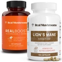 Jamur Real RealBoost (60ct) dan Lions Mane (120ct) Capsules Bundle - Mushroom Suplemen Energi, Vitalitas & Kognition - Energi & Otak Vitamin w / Cordyceps, Ginseng, Guayusa - Vegan, Non-GMO