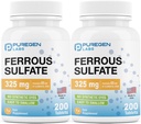 Purregen Labs Ferrous Sulfate 325 mg (65 mg Elemental Iron) High Potency Iron Suplement Attales 124; No Articial Color Addition - Total 400 Tablets Made in USA