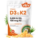 VEV Corefeel Vitamin D3 K2, 5000 IU D3 100mcg K2 (MK 7), 300 Softgels, 2 -1 Vitamin D & K Tambahan dengan Oil Coconut, Mendukung absorpsi Kalsium dan Kesehatan Tulang, Mudah ditelan