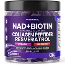 NAD +, Resveratrol, Berberine, & Biotin Antial-Aging Gummy - Rambut, Skin, Nails & Gabungan Suplemen - Collagen Peptides, Keratin, Zinc, Vitamin K2 dan D3 Gummies - NN-GMO - Dibuat di AS 60 Count
