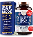 Suplemen Acid Besi dan Folic untuk Perempuan - 35mg Besi Lembut Vitamin, Asam Folic 400mcg - Anemia, Periode, Pendukung Pendukung Suli, Pill Ferrous - 180 Vegan Nor-Constipating Tablet