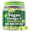 Vegan Omega 3 Gummies + Phospholipids, Astaxanthin, Vitamin D3, DHA 560mg & EPA 280mg, Fish-Free Algae Omega 3 Suplemen untuk Orang dewasa & Anak-anak untuk Otak, Mata, Mata, Seluruh Kesehatan, Gula Bebas, 60 Cts